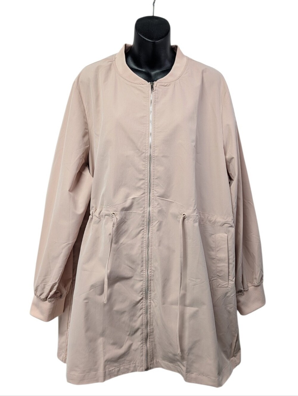 Womens Pale Pink Solid Zip Up Overcoat Drawstring Waist Pockets Size 2XL
